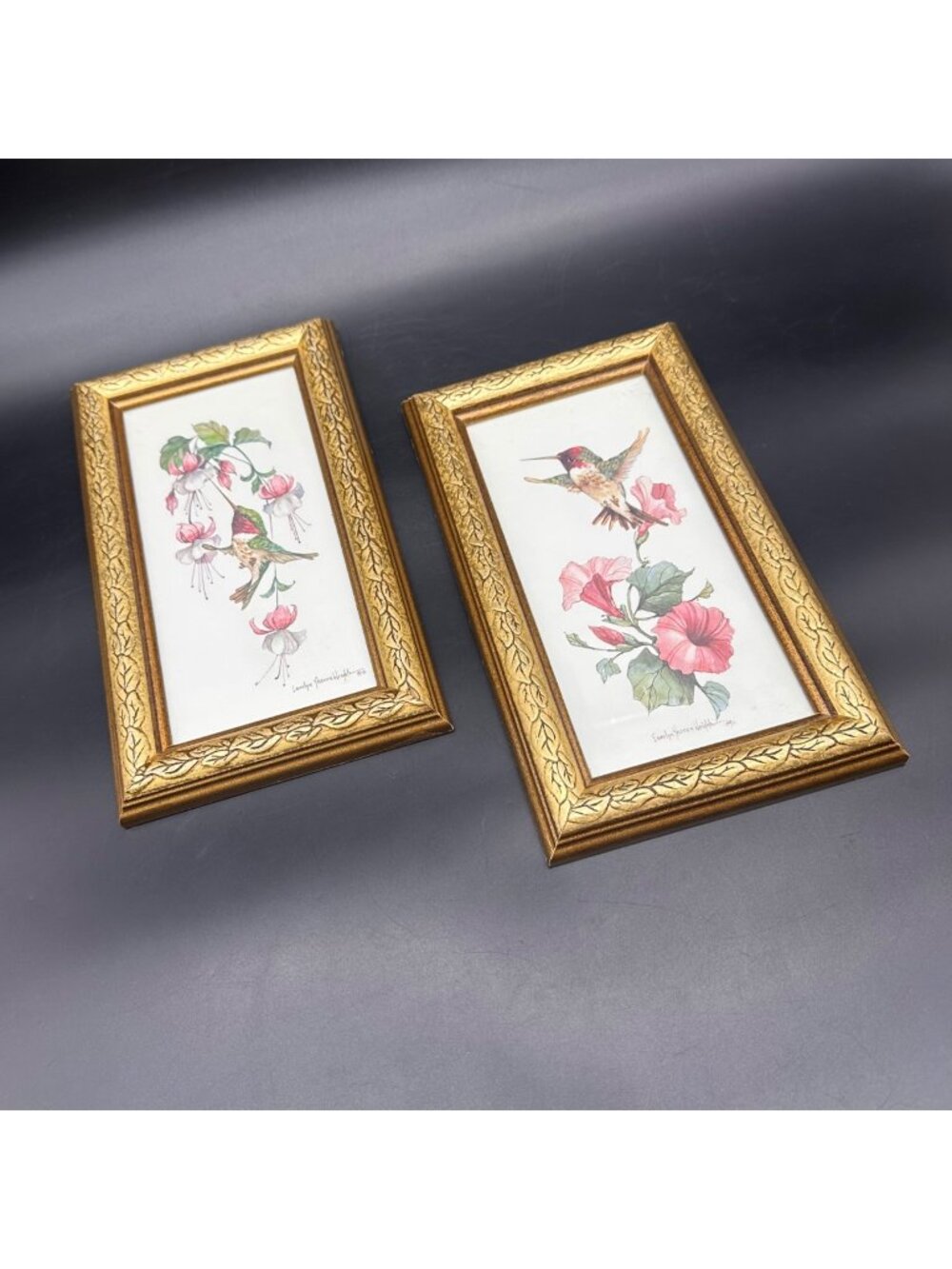 Vintage Hummingbird Floral Prints Ornate Gold Frames Wall Hanging Cottage 1990s